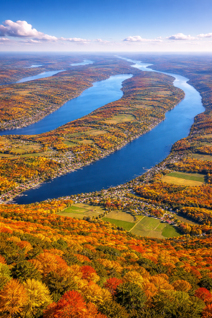 Aerial view of the Finger Lakes region in New York showing multiple glacial lakes, fall foliage, vineyards, and scenic countryside.
