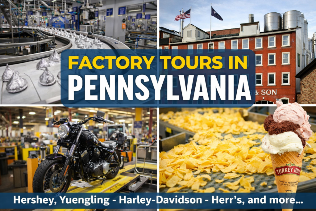 Collage showing factory tours in Pennsylvania, including Hershey’s chocolate production, Yuengling Brewery, Harley-Davidson motorcycles, Herr’s chips, and Turkey Hill ice cream.