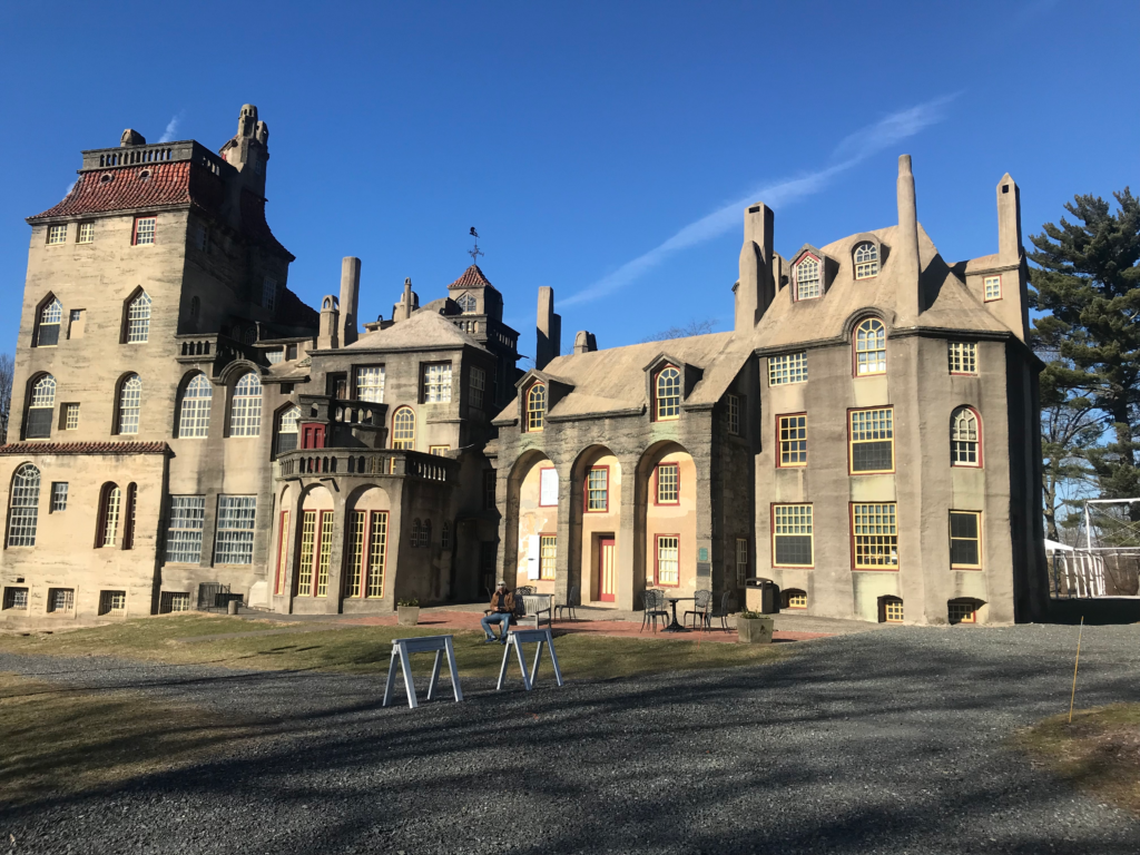 Exterior view of Fonthill Castle in Doylestown Pennsylvania with unique architecture and towers