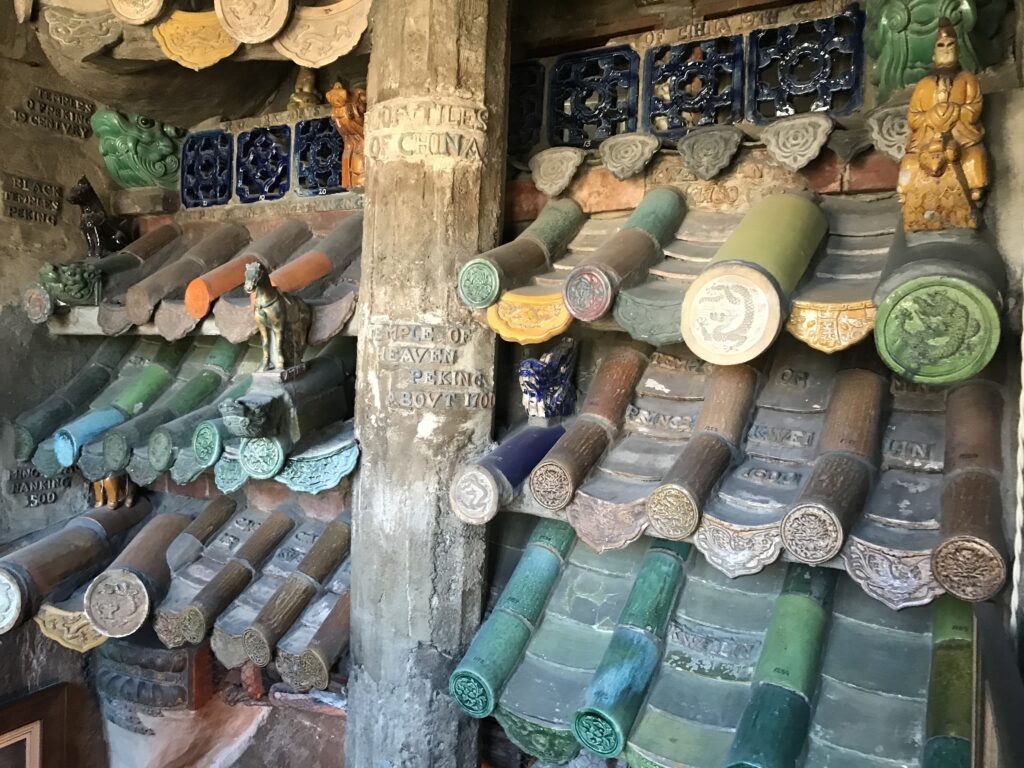 Display of historic roof tiles and architectural ceramics inside Fonthill Castle
