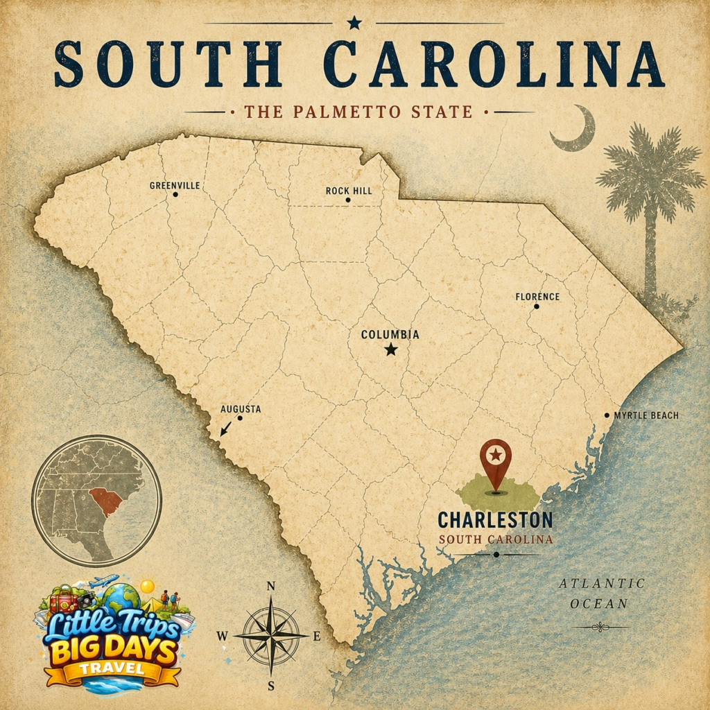 Vintage map of South Carolina highlighting Charleston along the Atlantic coast with travel-style design