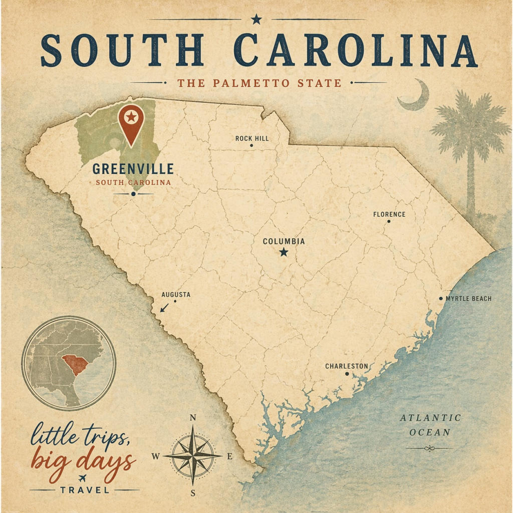Vintage-style map of South Carolina highlighting Greenville with location marker and major cities labeled