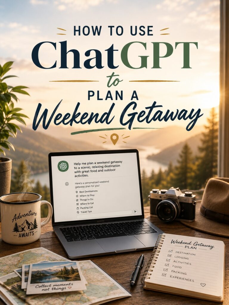 Travel planning graphic showing a laptop using ChatGPT to organize a weekend getaway with maps, camera gear, and scenic mountain views.