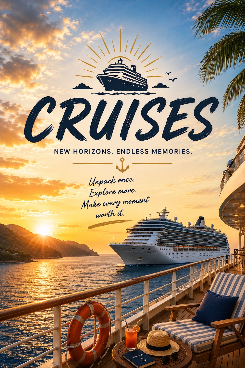 Cruise-themed travel graphic featuring an ocean sunset, cruise ships, and a relaxing ship deck with the words “Cruises.”