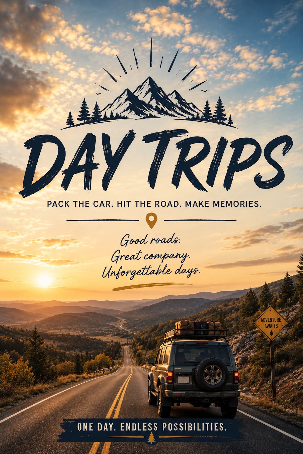 Day trip themed travel image showing a scenic mountain road at sunset with an adventure vehicle and the words “Day Trips.”