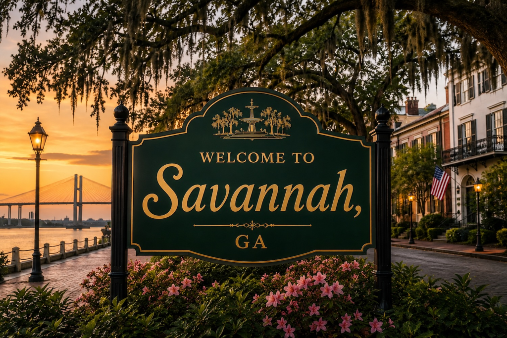 Welcome to Savannah, Georgia sign at sunset near the waterfront