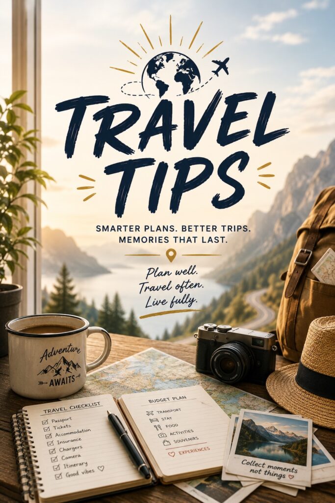 Travel planning themed image featuring maps, a camera, travel checklist, budget notebook, backpack, and mountain views with the words “Travel Tips.”