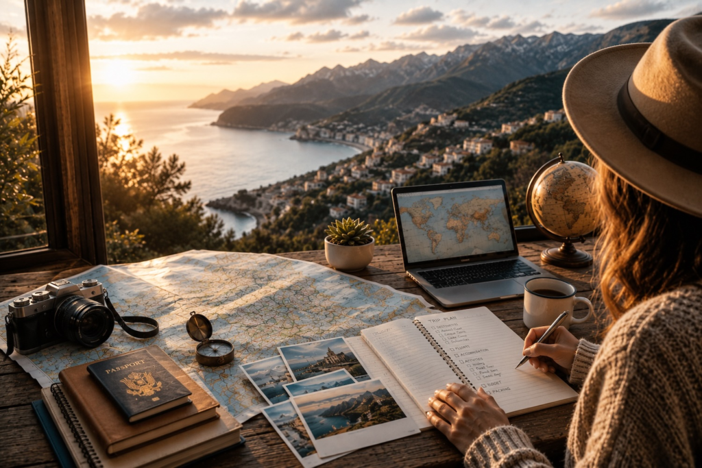 Traveler planning a trip at a scenic overlook with maps, a passport, travel journal, laptop, camera, and coastal mountain views at sunset.