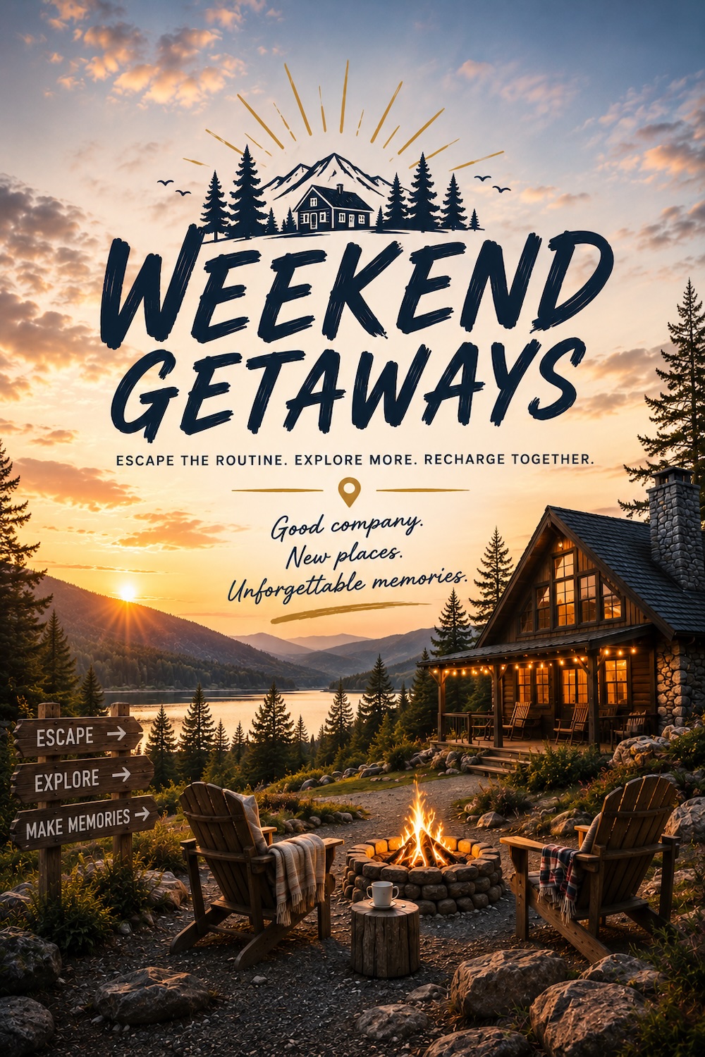 Weekend getaway themed image featuring a cozy mountain cabin, lakeside sunset, campfire seating area, and the words “Weekend Getaways.”