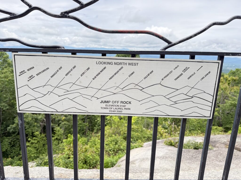 Interpretive viewing panel at Jump Off Rock identifying visible mountain peaks, landmarks, and scenic features across the Blue Ridge Mountains near Hendersonville, North Carolina.