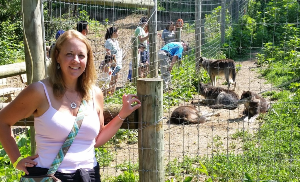 Visitor standing near wolf enclosure at Lititz Wolf Sanctuary in Pennsylvania