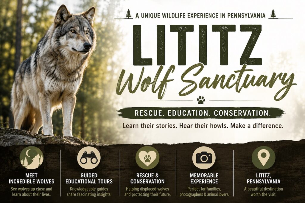 Promotional image for Lititz Wolf Sanctuary featuring a gray wolf in Pennsylvania