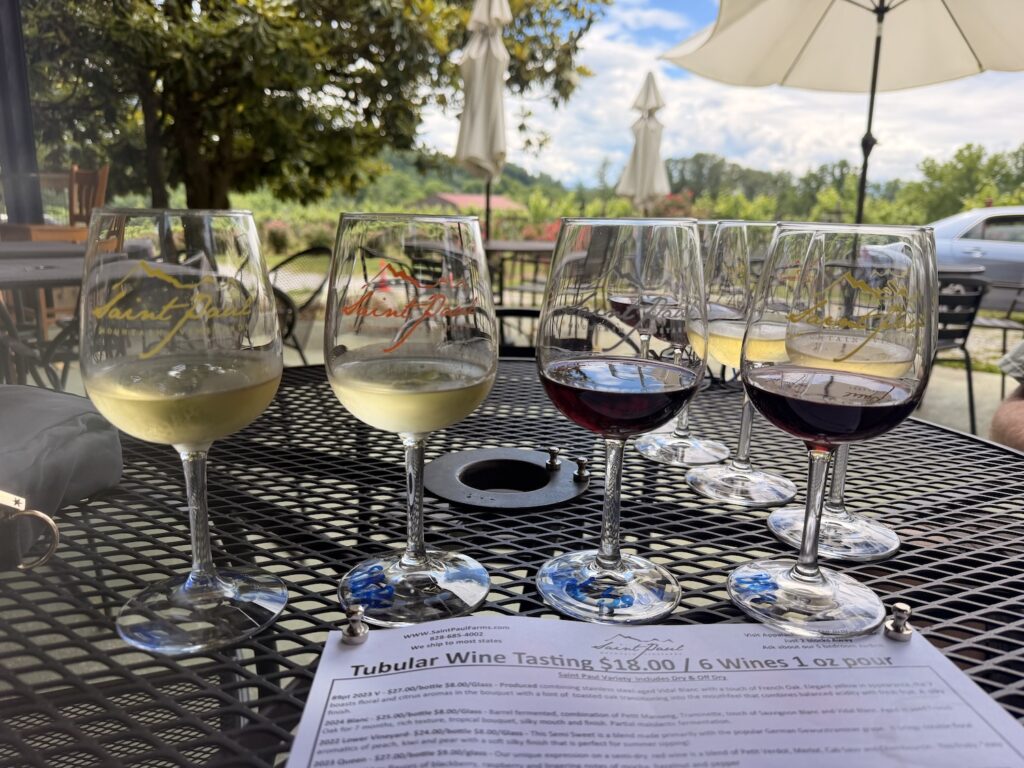 A wine tasting flight at Saint Paul Mountain Vineyards in Hendersonville, North Carolina, featuring six wine samples on an outdoor patio overlooking the vineyard and surrounding countryside.