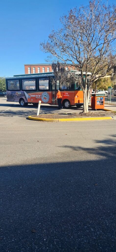 Old Town Trolley Tours bus parked in historic Savannah, Georgia