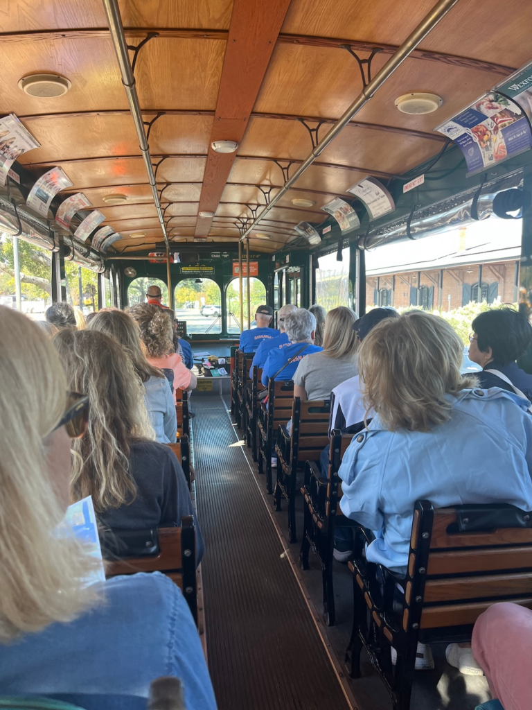 Passengers riding inside an Old Town Trolley Tours bus in Savannah