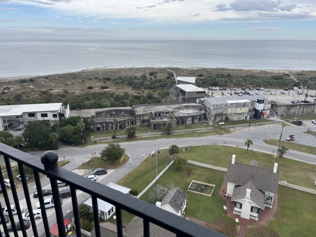 Aerial view of Tybee Island coastline and historic Fort Screven area