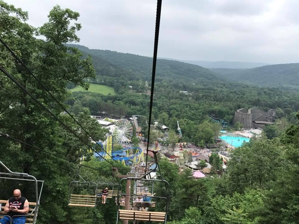 Aerial view of Knoebels Amusement Resort from the scenic chairlift ride in Pennsylvania.