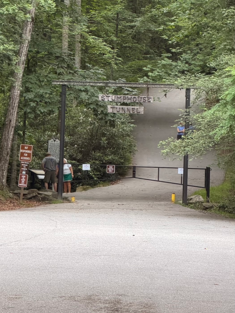 Entrance sign for Stumphouse Tunnel surrounded by forest in Walhalla, South Carolina.
