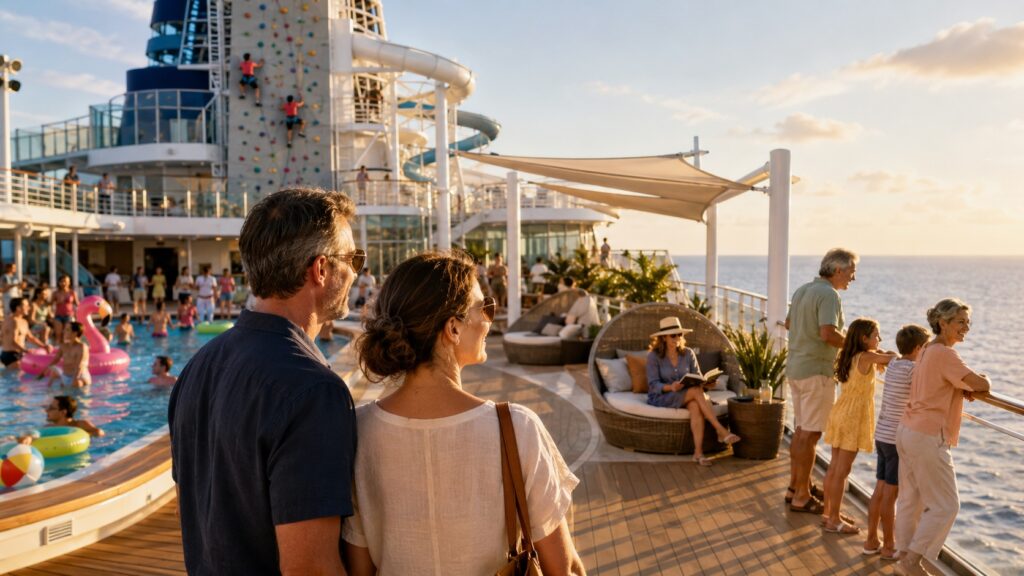 Families and a couple relaxing on a cruise ship pool deck at sunset — finding the best cruise line for your personality