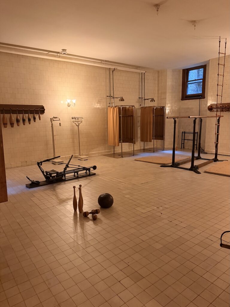 Vintage exercise equipment in the Biltmore House basement gymnasium