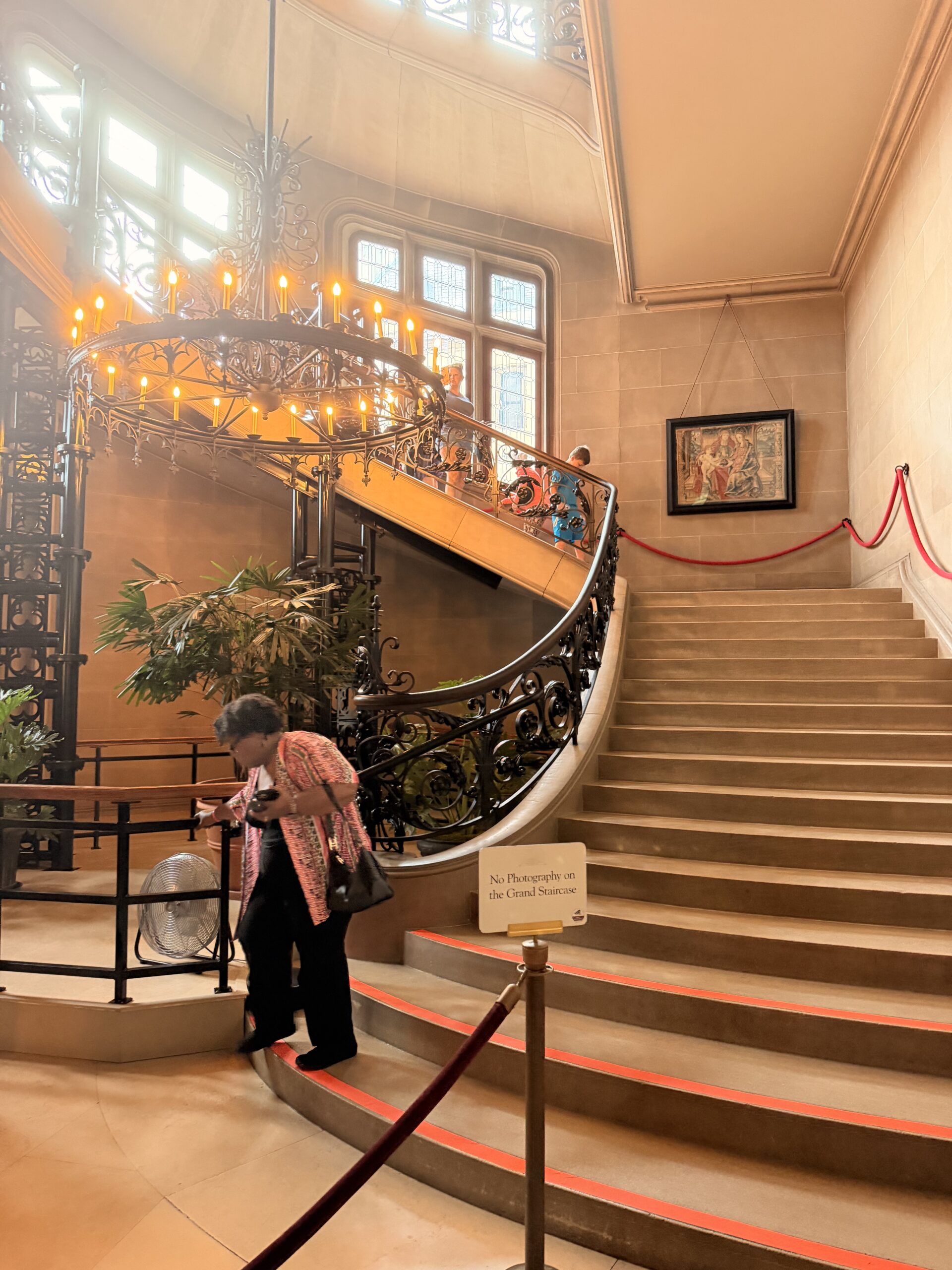 View down Biltmore House's grand spiral staircase