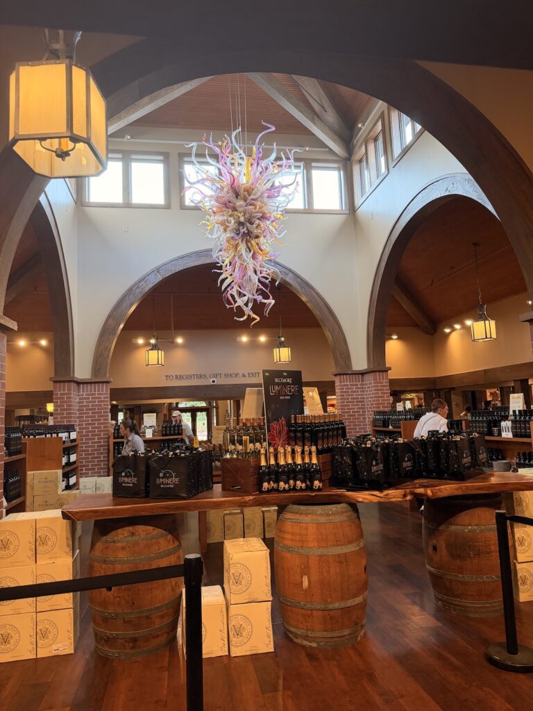 Interior of the Biltmore Winery shop with wine bottles on display